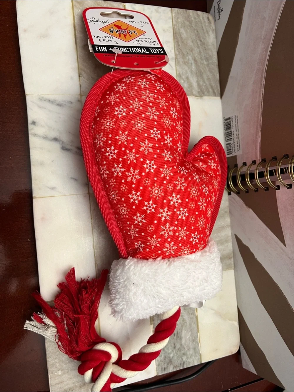 Red Snowflake Mitten Dog Toy with Rope — Squeaky Tug & Toss